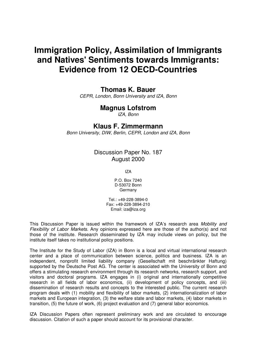 Pdf Immigration Policy Assimilation Of Immigrants And Natives Sentiments Towards Immigrants Evidence From 12 Oecd Countries
