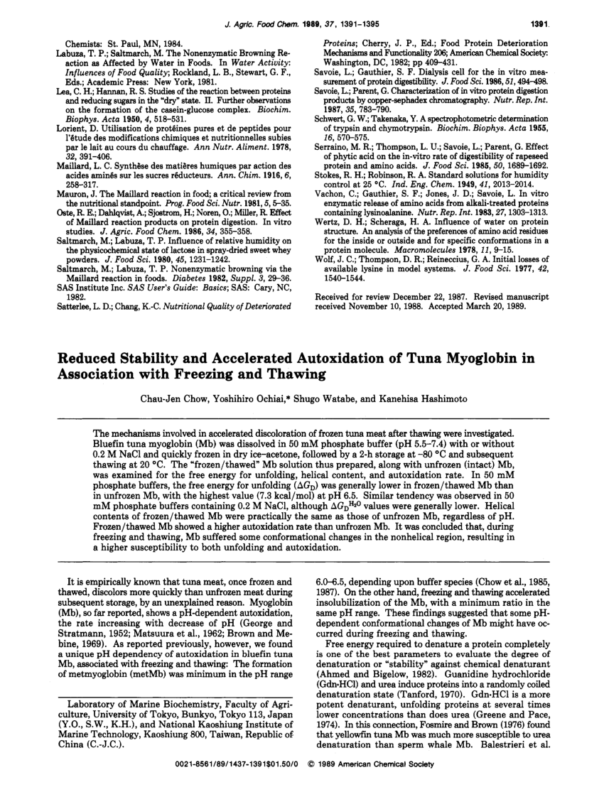 Pdf Reduced Stability And Accelerated Autoxidation Of Tuna Myoglobin In Association With Freezing And Thawing