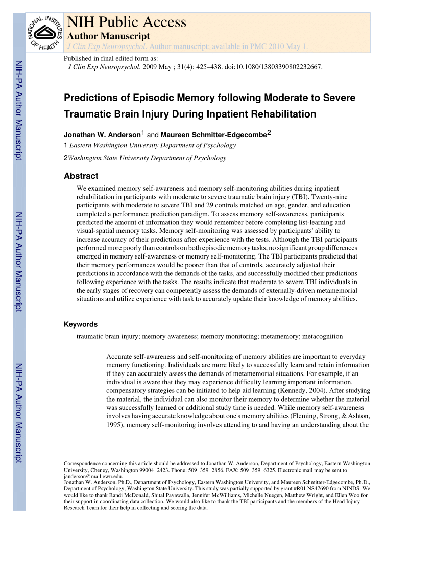 PDF) Predictions of Episodic Memory following Moderate to Severe