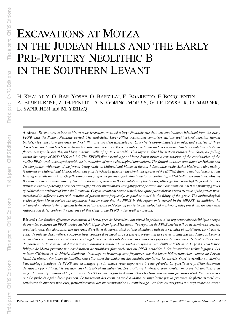 Pdf Excavations At Motza In The Judean Hills And The Early Pre Pottery Neolithic B In The Southern Levant
