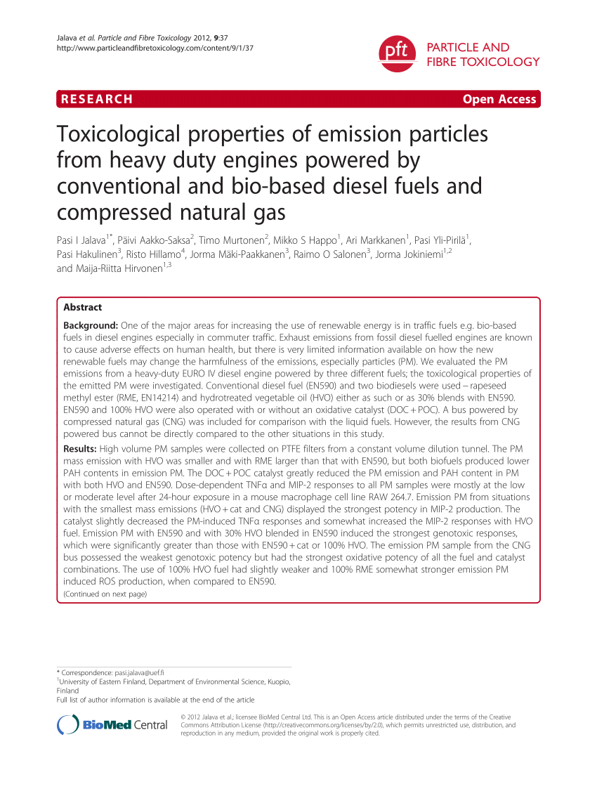 PDF) Toxicological properties of emission particles from heavy duty engines  powered by conventional and bio-based diesel fuels and compressed natural  gas