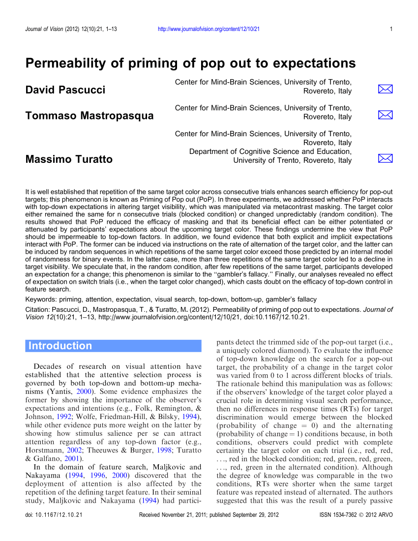 Pdf Permeability Of Priming Of Pop Out To Expectations