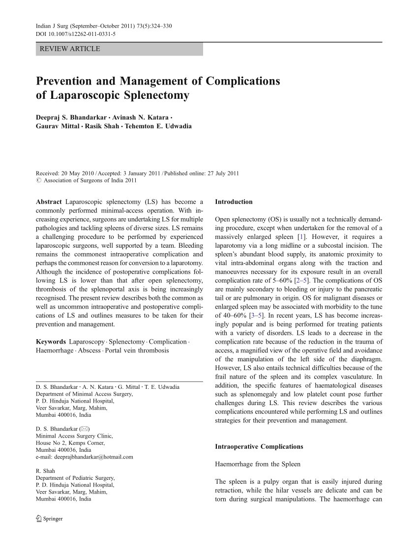 Pdf Prevention And Management Of Complications Of Laparoscopic Splenectomy