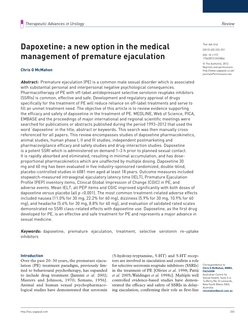 PDF Dapoxetine A new option in the medical management of