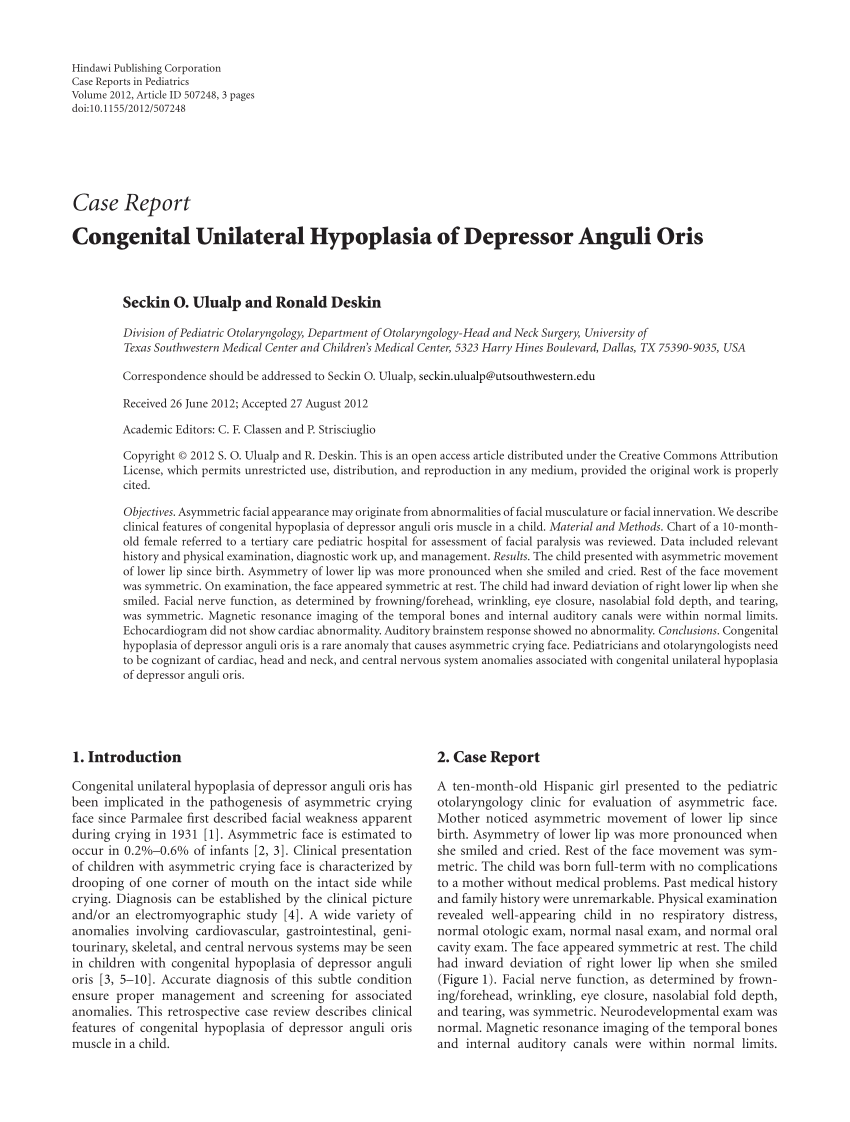 PDF Congenital Unilateral Hypoplasia of Depressor Anguli Oris