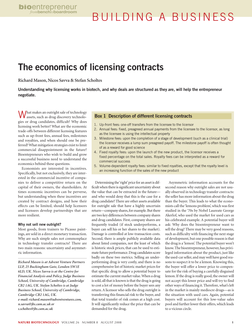 (PDF) The economics of licensing contracts