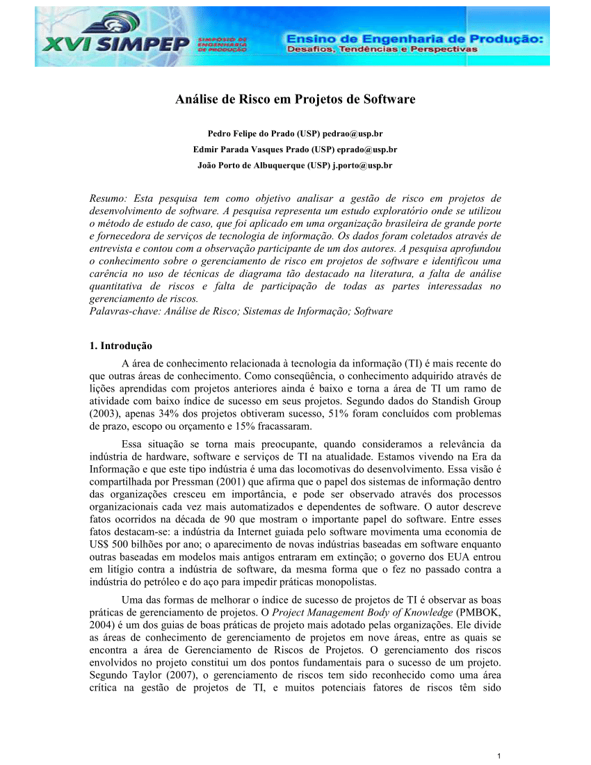 PDF) Proposta de Projeto: Análise dos Riscos de Negócios de