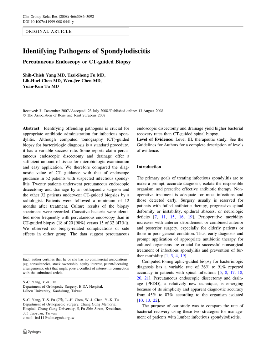 Pdf Identifying Pathogens Of Spondylodiscitis Percutaneous Endoscopy Or Ct Guided Biopsy