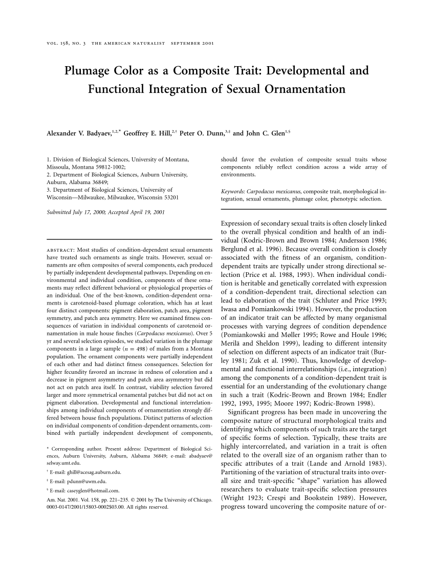 Pdf Plumage Color As A Composite Trait Developmental And Functional Integration Of Sexual Ornamentation The American Naturalist