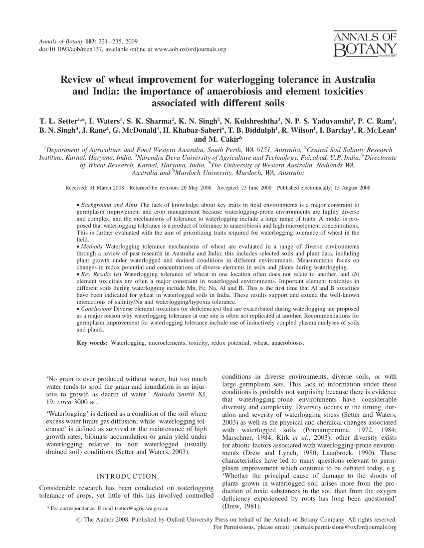 PDF) Review of wheat improvement for waterlogging tolerance in Australia  and India: The importance of anaerobiosis and element toxicities associated  with different soils