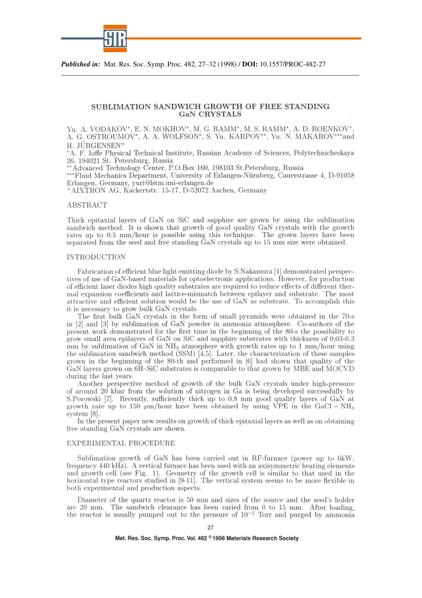 Pdf Sublimation Sandwich Growth Of Free Standing Gan Crystals