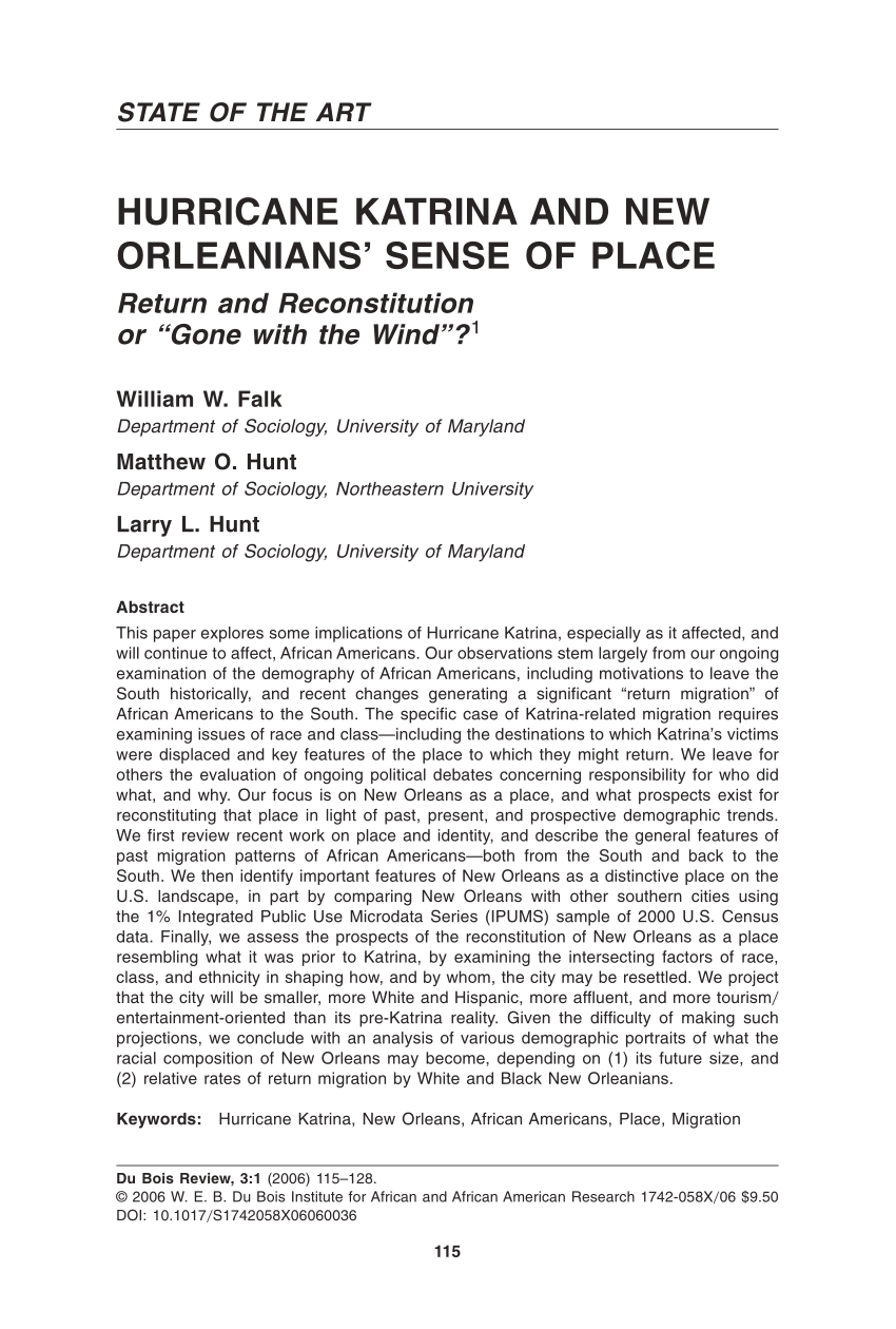 PDF) Hurricane Katrina and New Orleanians' Sense of Place: Return and  Reconstitution or 'Gone with the Wind'?