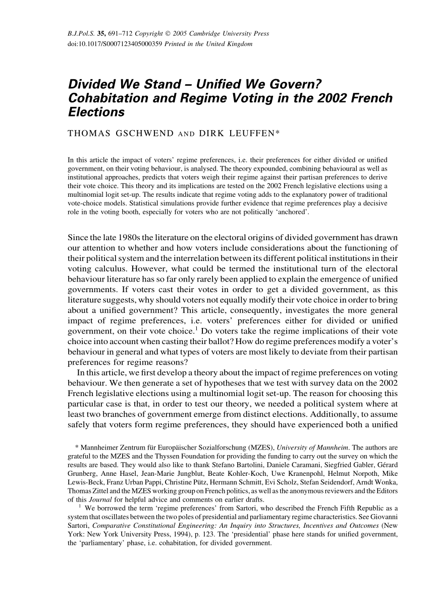 Pdf Divided We Stand Unified We Govern Cohabitation And Regime Voting In The 02 French Elections