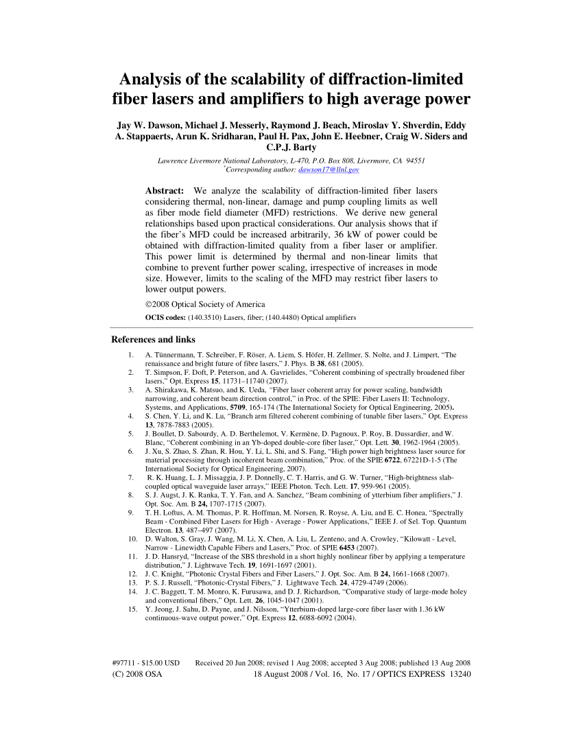 Pdf Analysis Of The Scalability Of Diffraction Limited Fiber Lasers And Amplifiers To High Average Power
