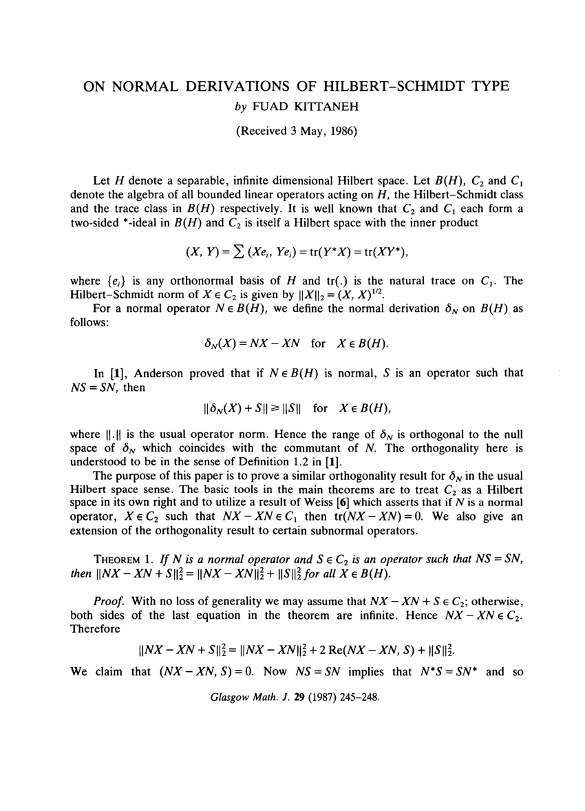 Pdf On Normal Derivations Of Hilbert Schmidt Type