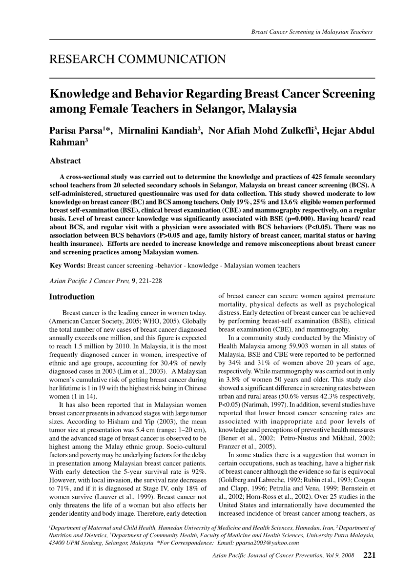 Pdf Knowledge And Behavior Regarding Breast Cancer Screening Among Female Teachers In Selangor Malaysia