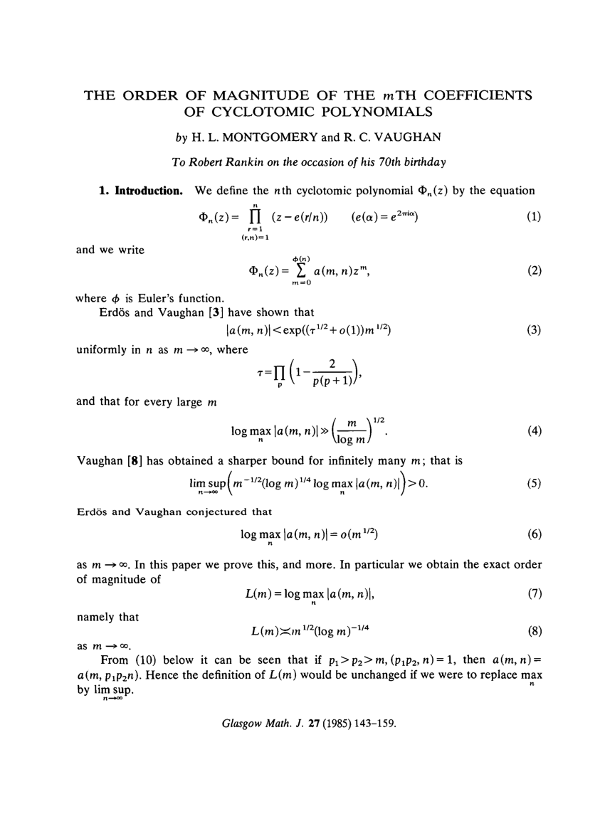 Pdf The Order Of Magnitude Of The Mth Coefficients Of Cyclotomic Polynomials