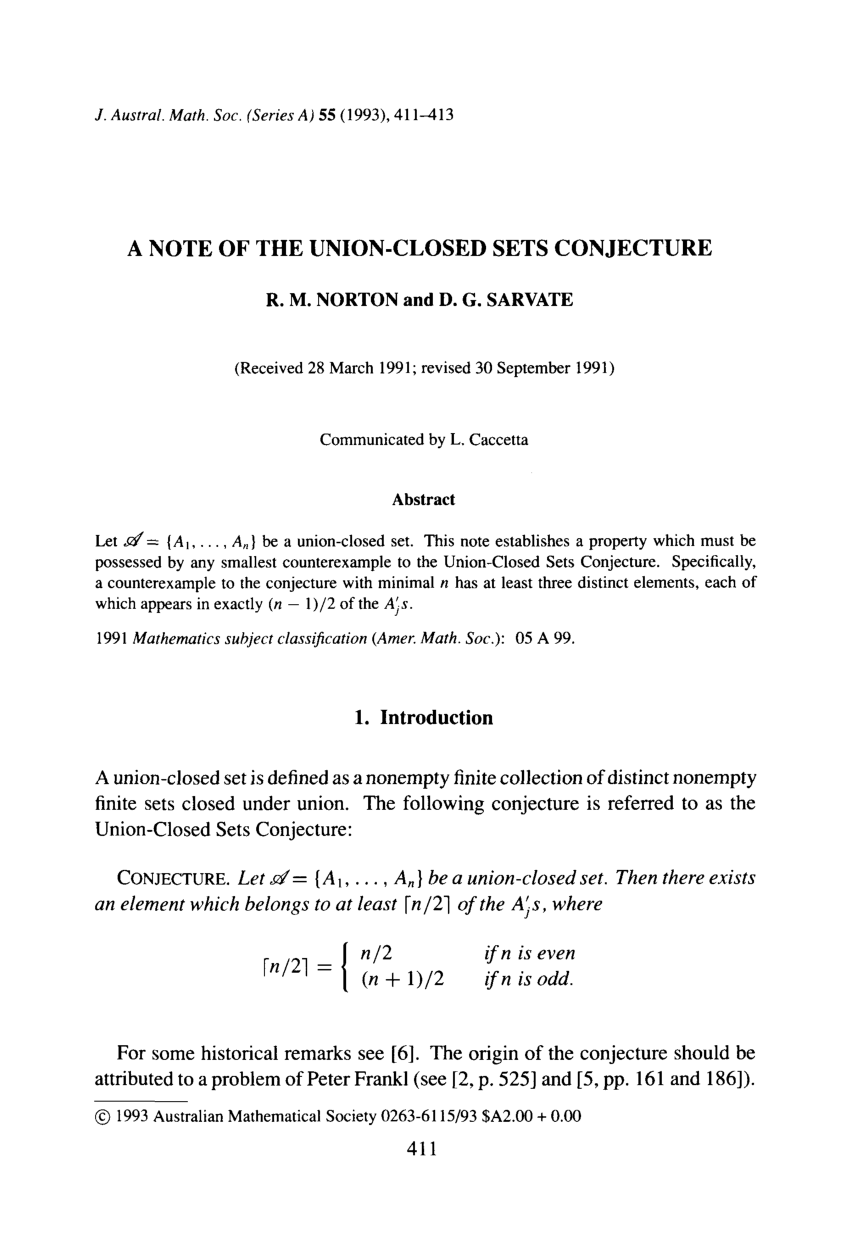 PDF A note of the union closed sets conjecture