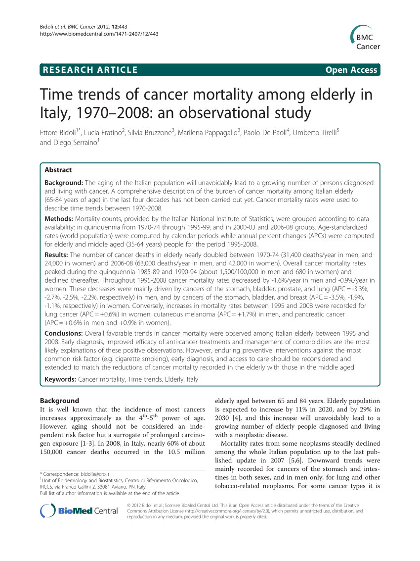 PDF) Time trends of cancer mortality among elderly in Italy, 1970–2008: an  observational study