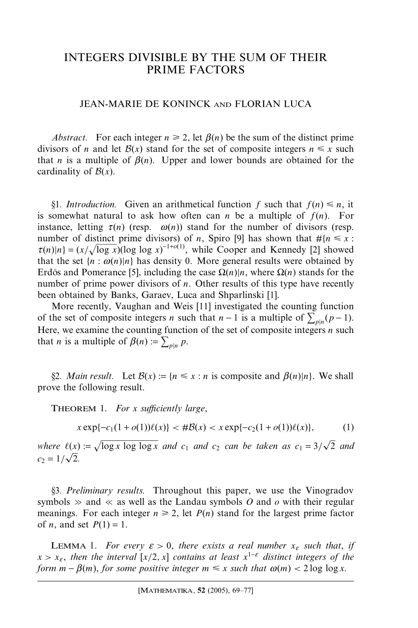 Pdf Integers Divisible By The Sum Of Their Prime Factors
