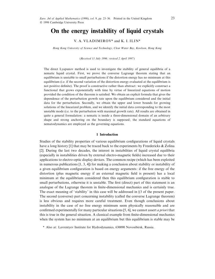 (PDF) On the energy instability of liquid crystals