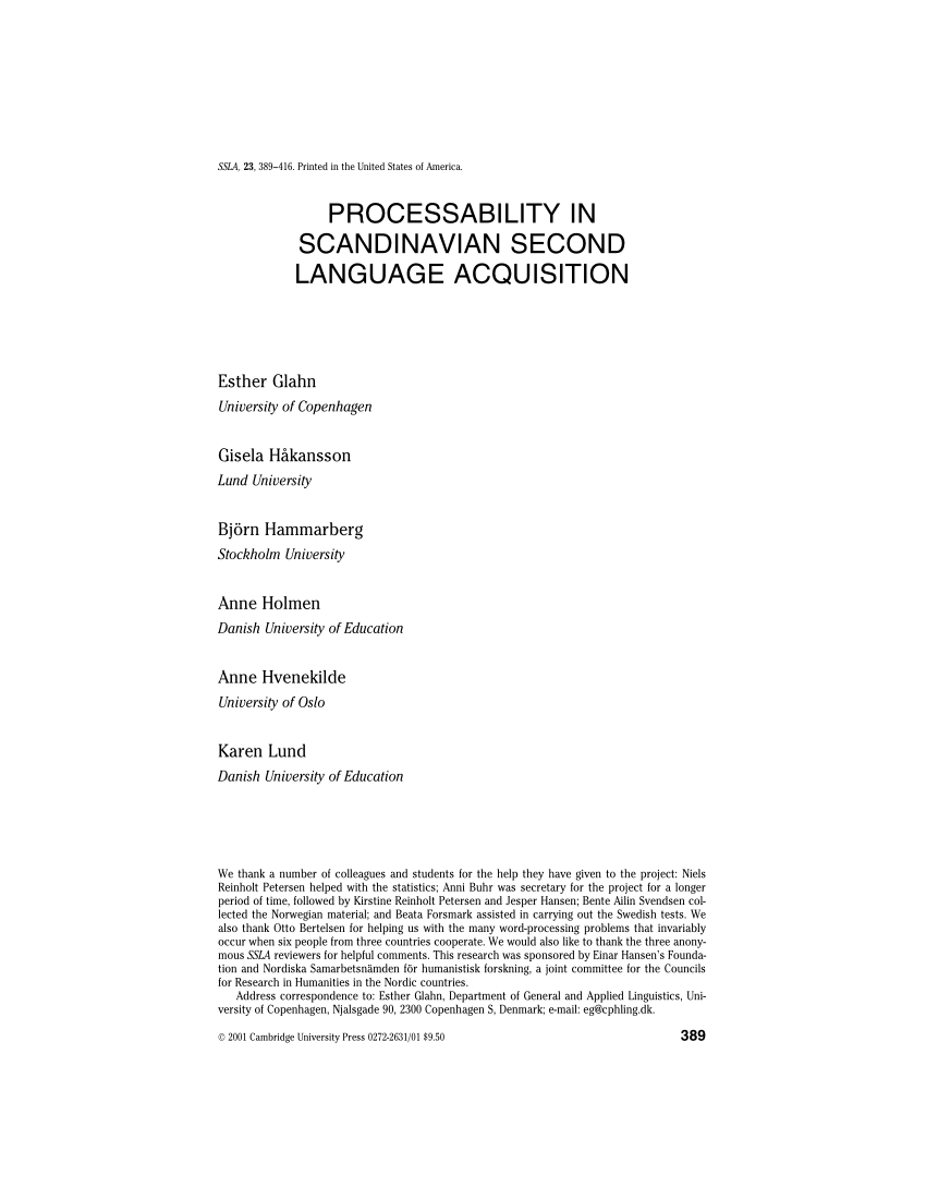 Pdf Processability In Scandinavian Second Language Acquisition