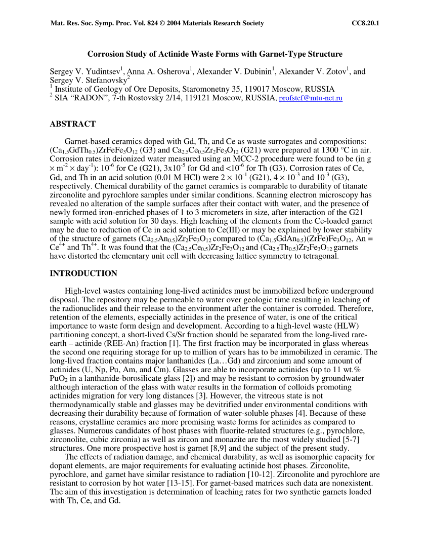 Pdf Corrosion Study Of Actinide Waste Forms With Garnet Type