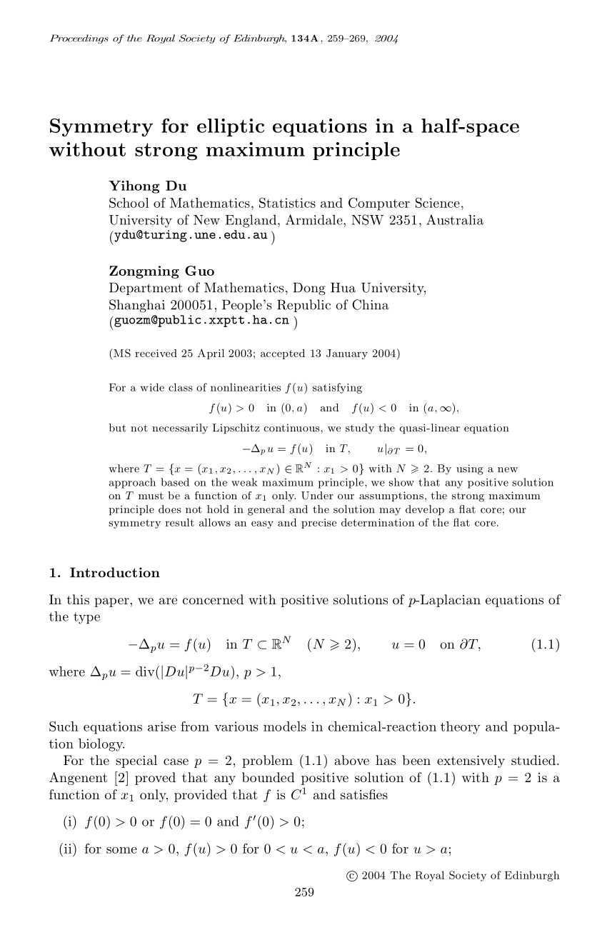 Pdf Symmetry For Elliptic Equations In A Half Space Without Strong Maximum Principle