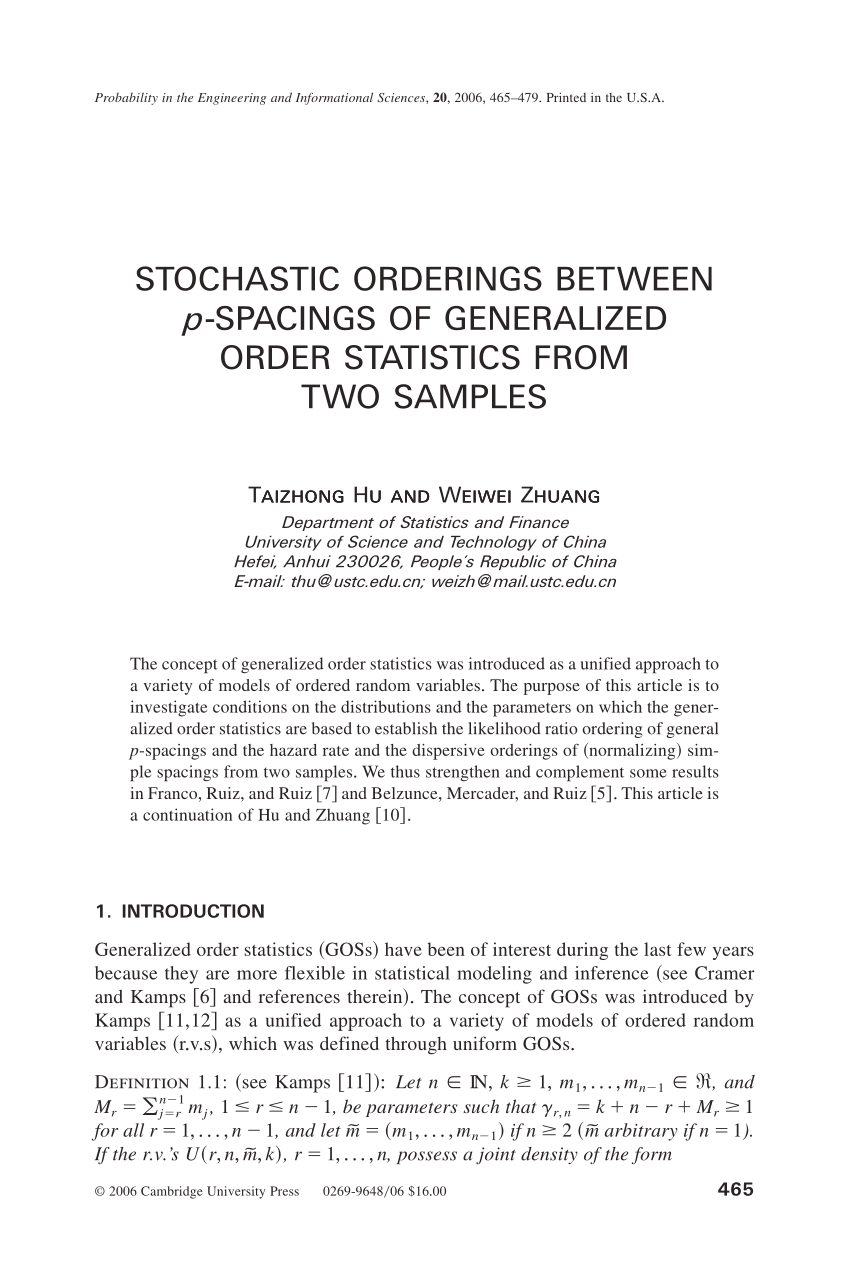 Pdf Stochastic Orderings Between P Spacings Of Generalized Order Statistics From Two Samples