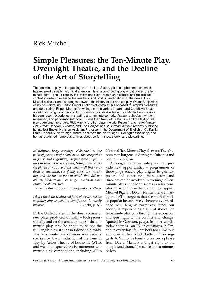 PDF) Simple Pleasures the Ten-Minute Play, Overnight Theatre, and the Decline of the Art of Storytelling