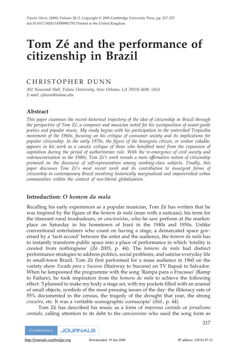 Pdf Tom Ze And The Performance Of Citizenship In Brazil