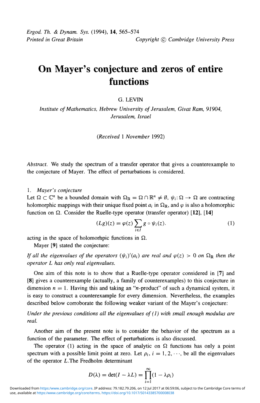 Pdf On Mayer S Conjecture And Zeros Of Entire Functions