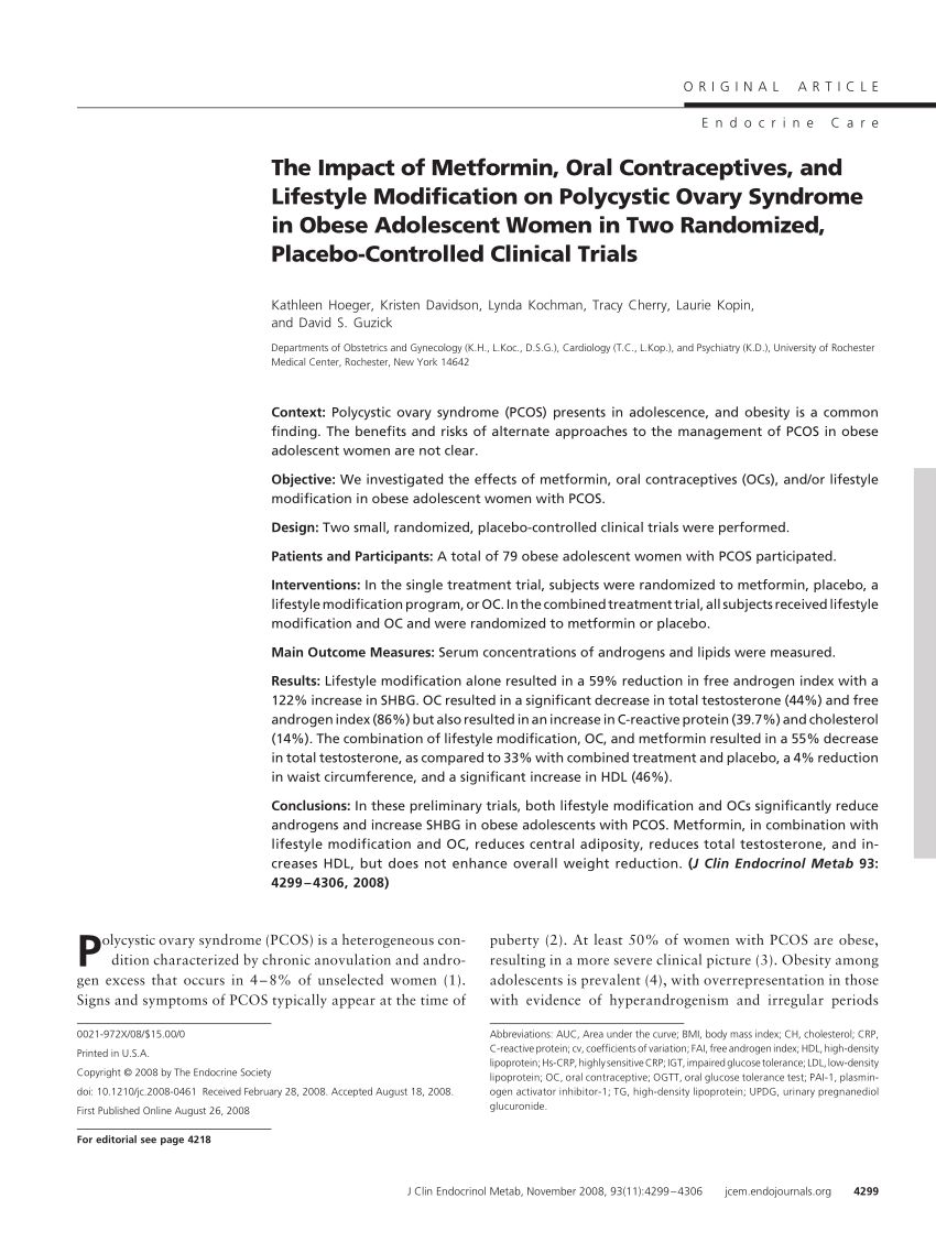 Pdf The Impact Of Metformin Oral Contraceptives And Lifestyle Modification On Polycystic Ovary Syndrome In Obese Adolescent Women In Two Randomized Placebo Controlled Clinical Trials