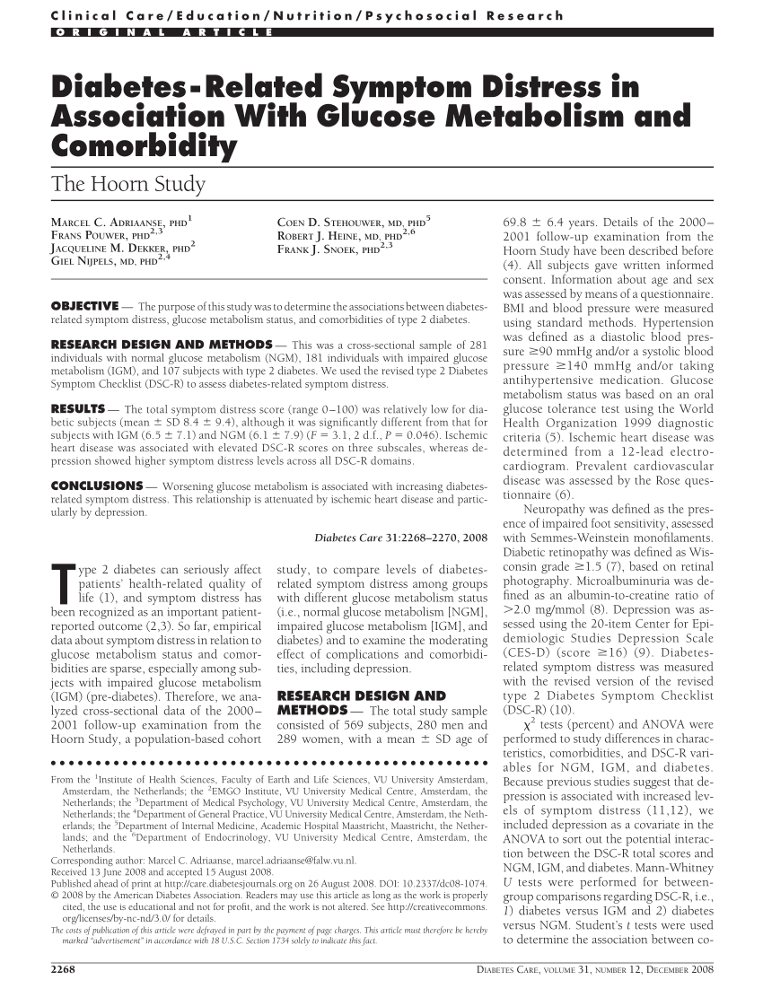 PDF) Diabetes-Related Symptom Distress in Association With Glucose  Metabolism and Comorbidity: The Hoorn Study