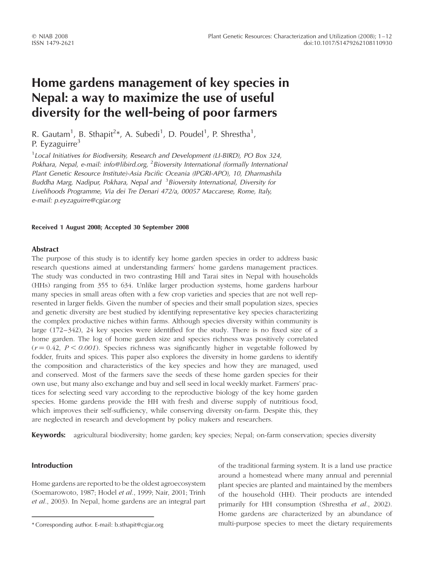 Pdf Home Gardens Management Of Key Species In Nepal A Way To
