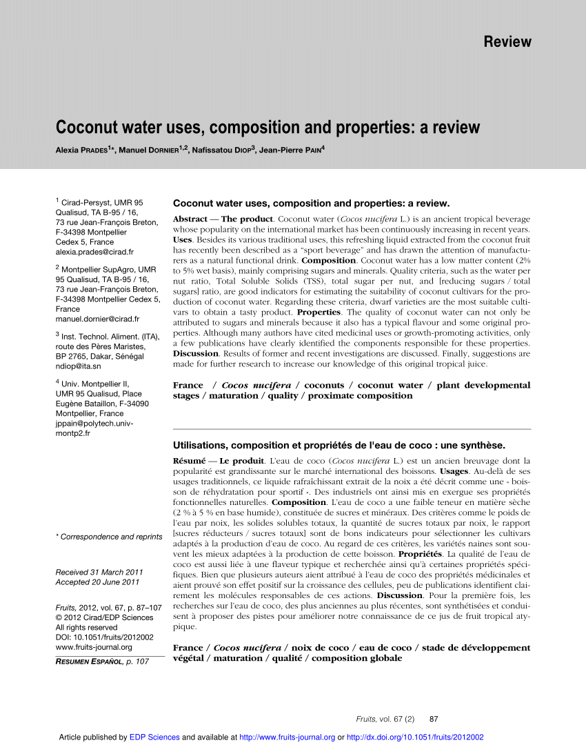 pdf) coconut water uses, composition and properties: a review