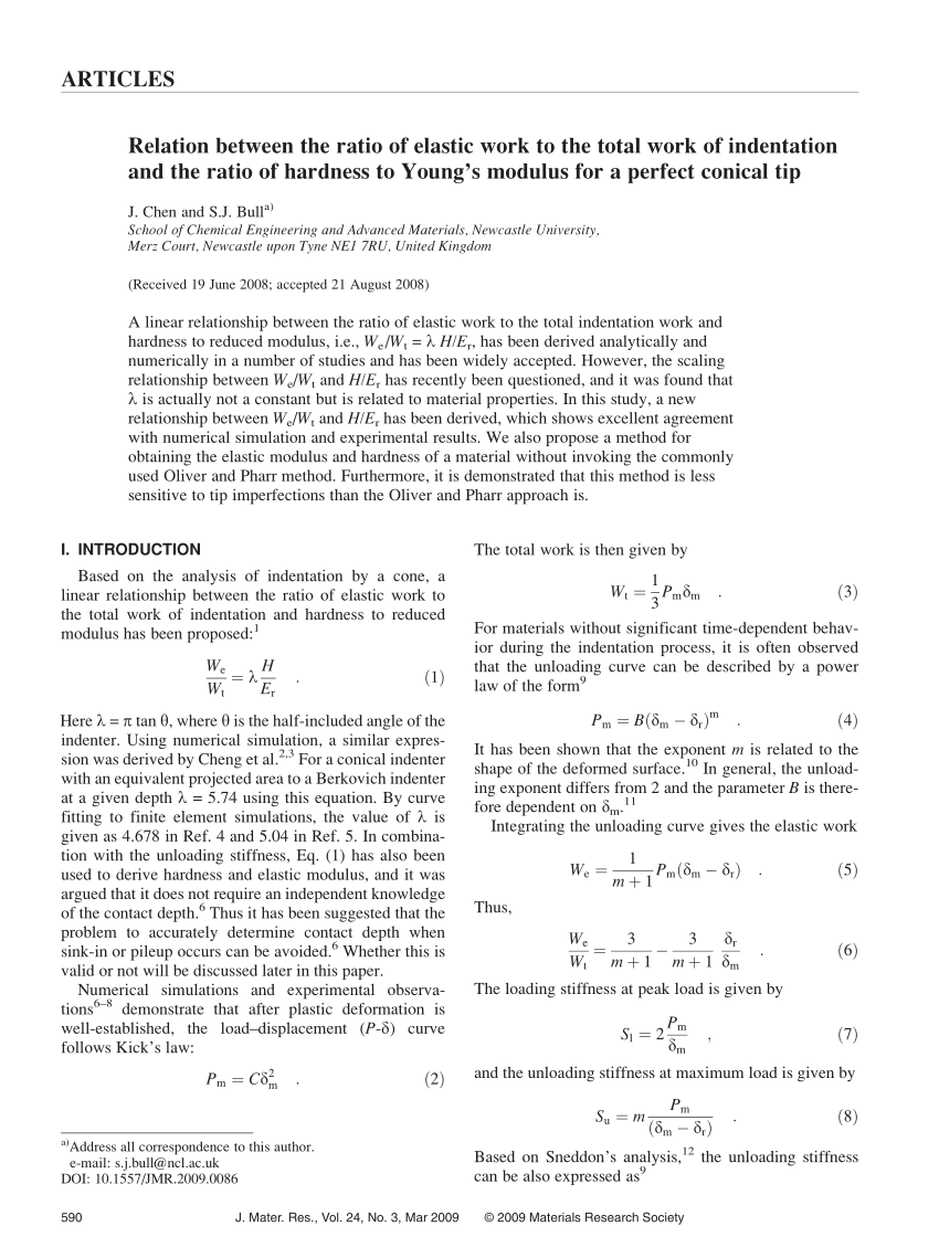 Pdf Relation Between The Ratio Of Elastic Work To The Total Work Of Indentation And The Ratio Of Hardness To Young S Modulus For A Perfect Conical Tip