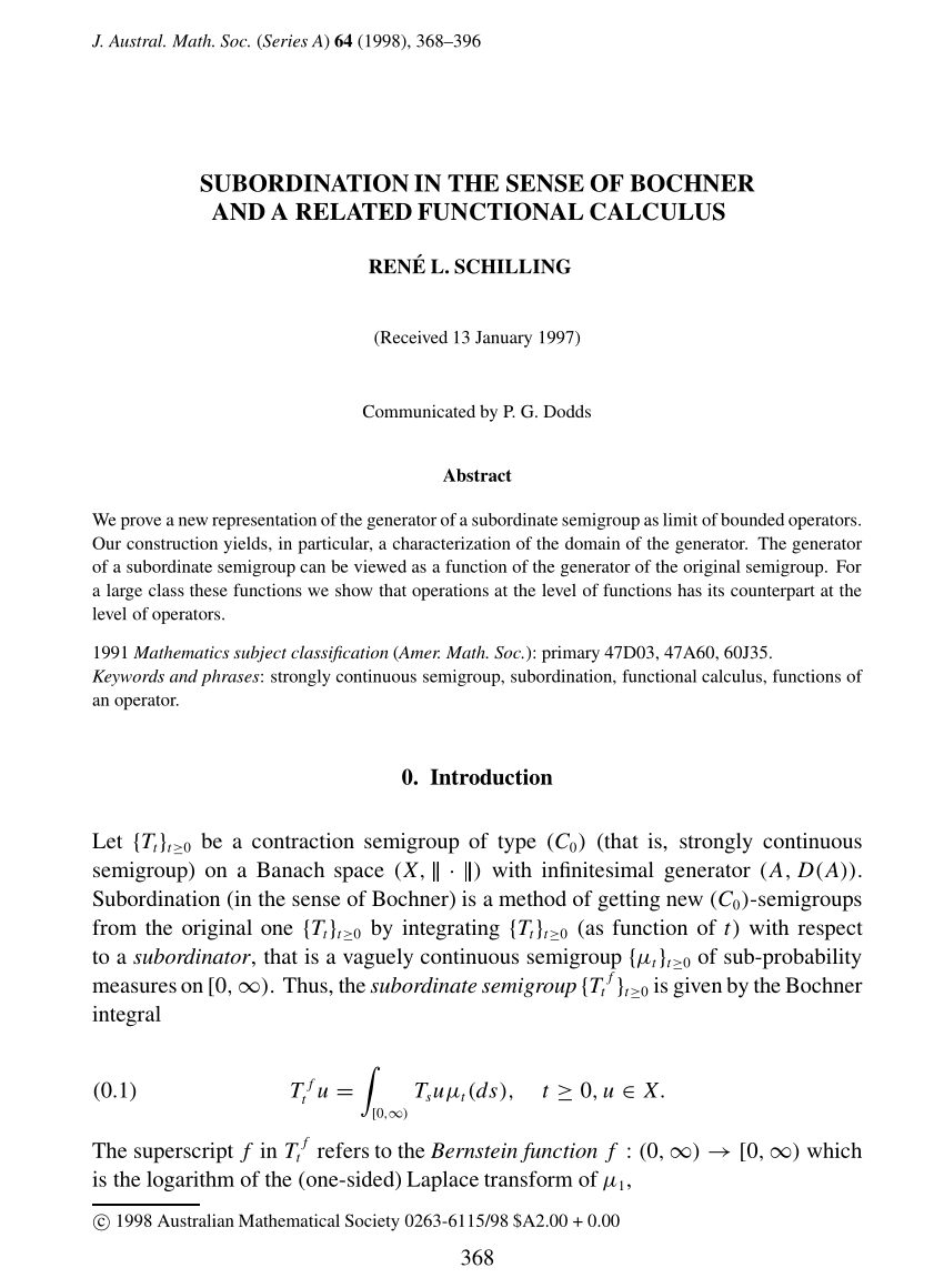 Pdf Subordination In The Sense Of Bochner And A Related Functional Calculus