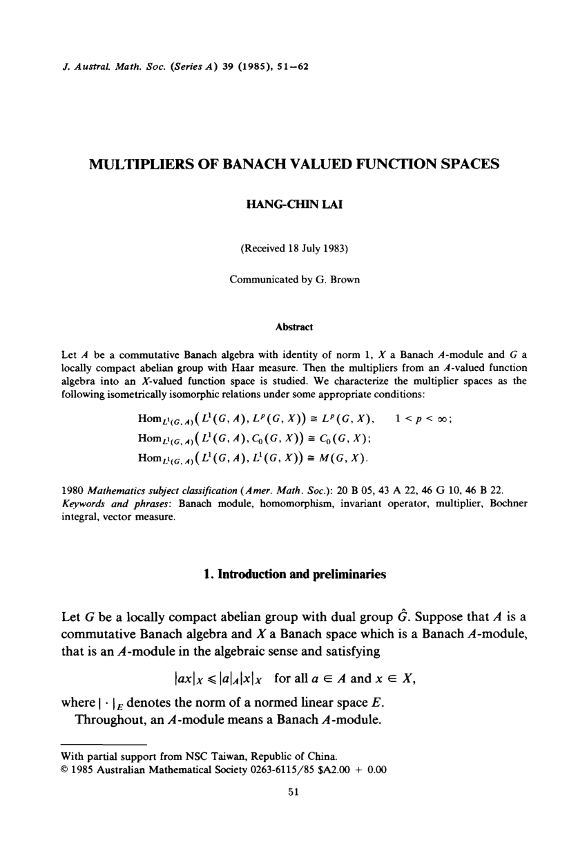 Pdf Multipliers Of Banach Valued Function Spaces