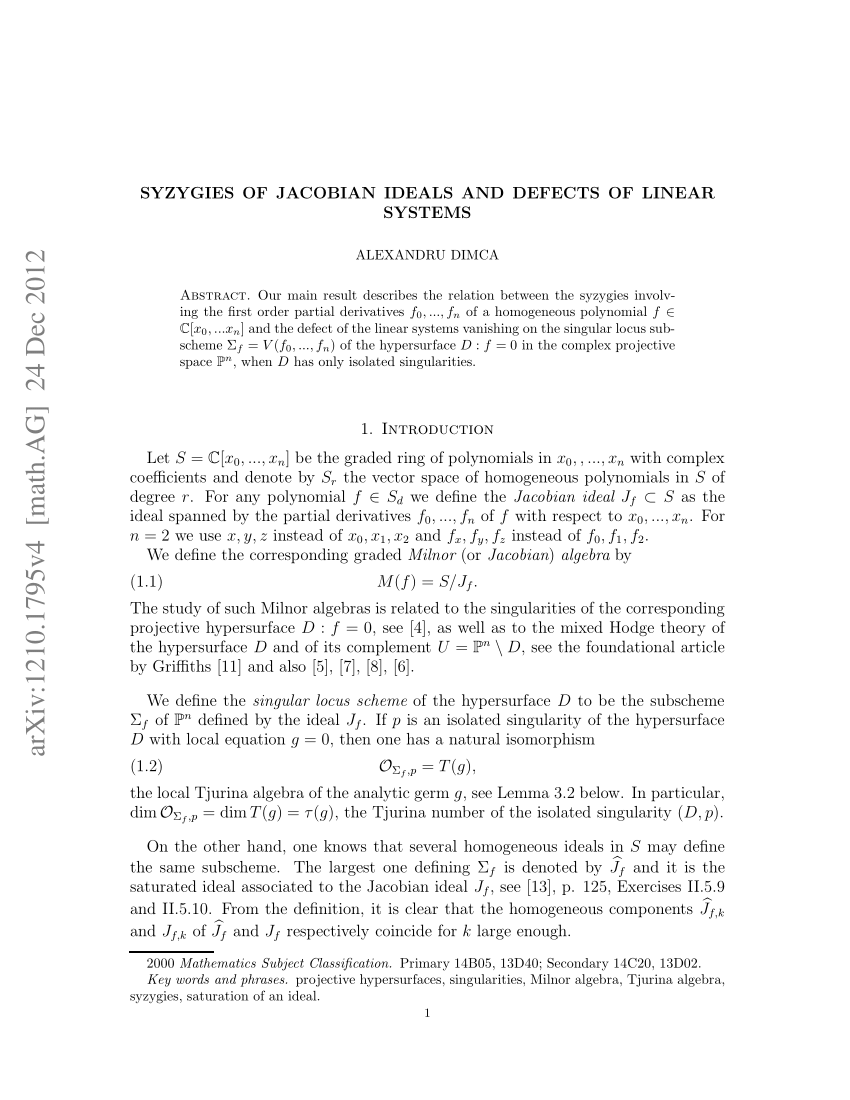 Pdf Syzygies Of Jacobian Ideals And Defects Of Linear Systems
