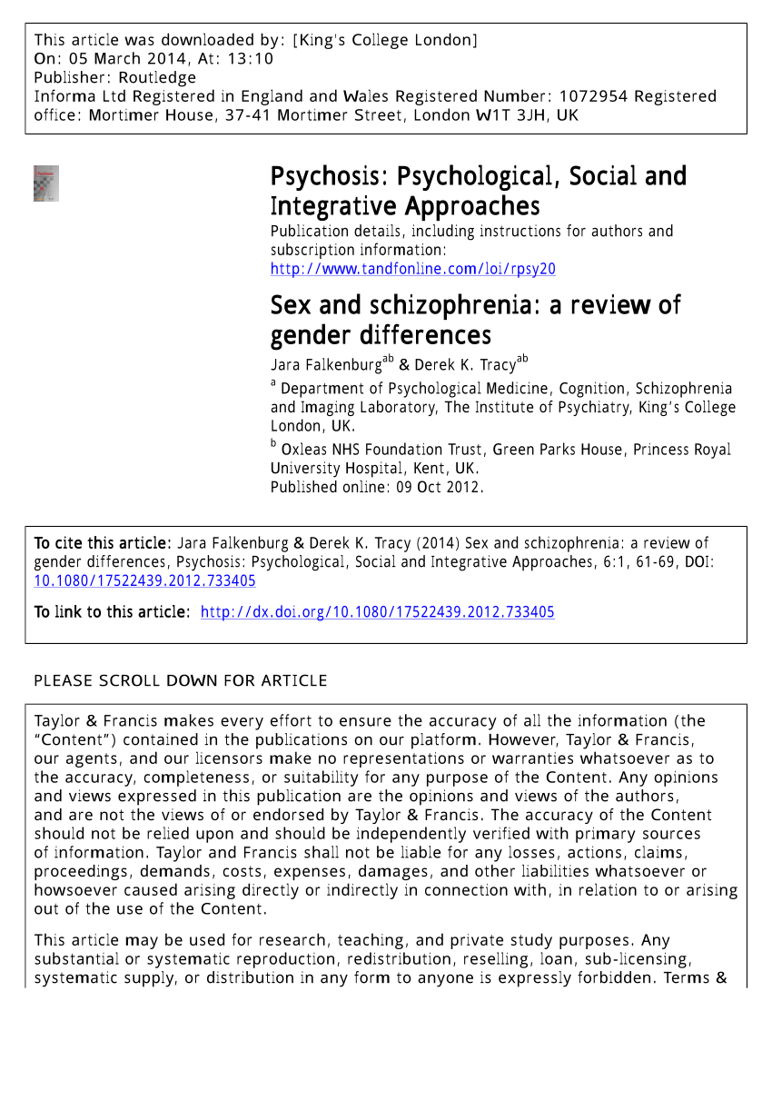 Pdf Sex And Schizophrenia A Review Of Gender Differences