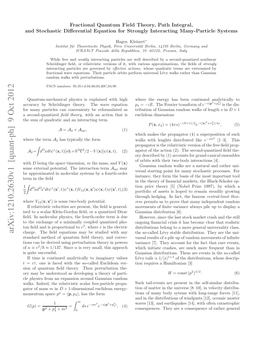(PDF) Fractional Quantum Field Theory, Path Integral, and Stochastic ...