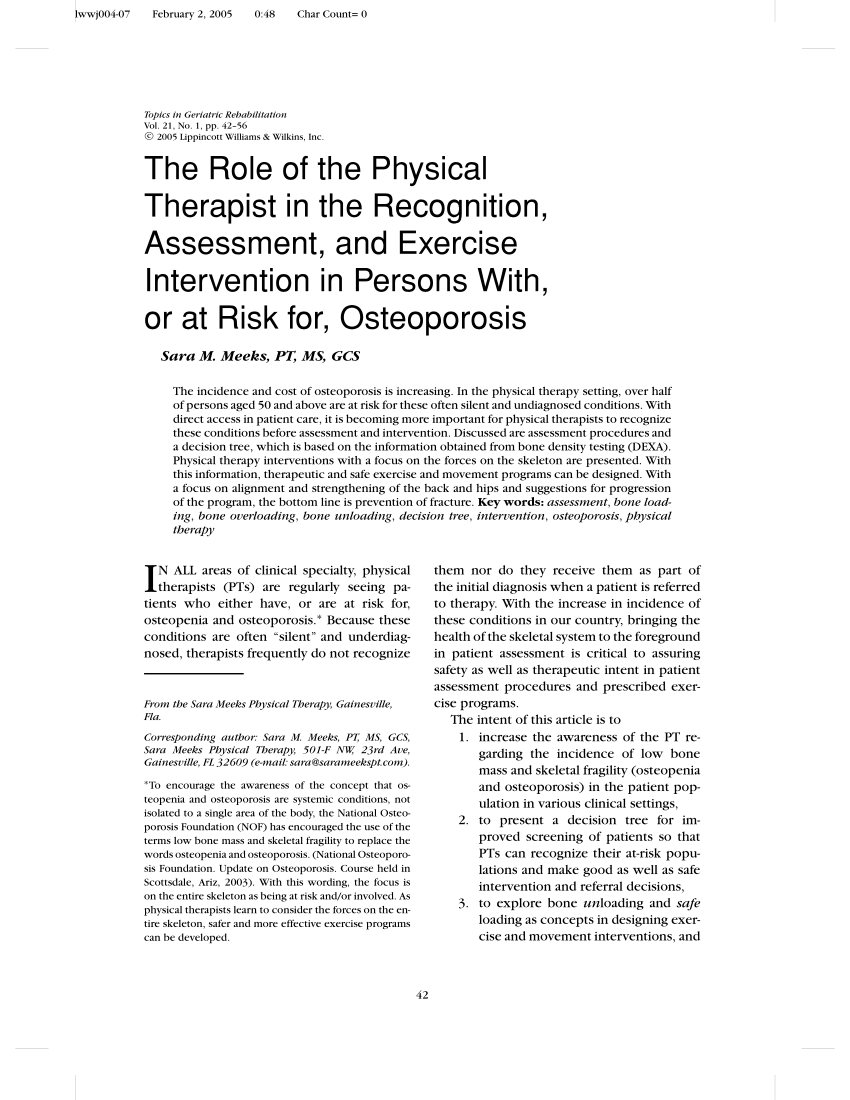 Pdf The Role Of The Physical Therapist In The Recognition Assessment And Exercise Intervention In Persons With Or At Risk For Osteoporosis