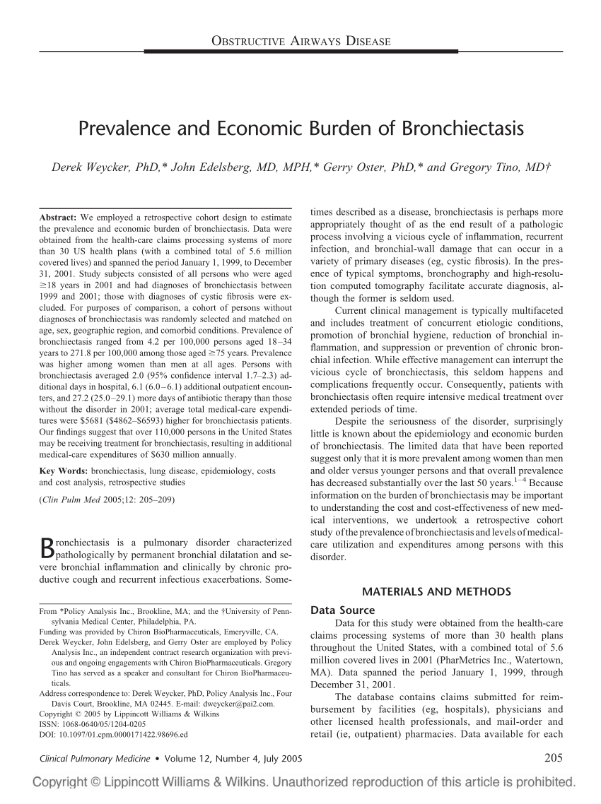 PDF Prevalence and Economic Burden of Bronchiectasis