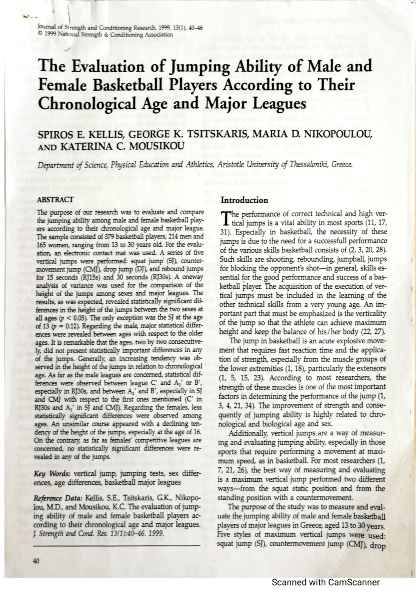 Pdf The Evaluation Of Jumping Ability Of Male And Female Basketball Players According To Their Chronological Age And Major Leagues