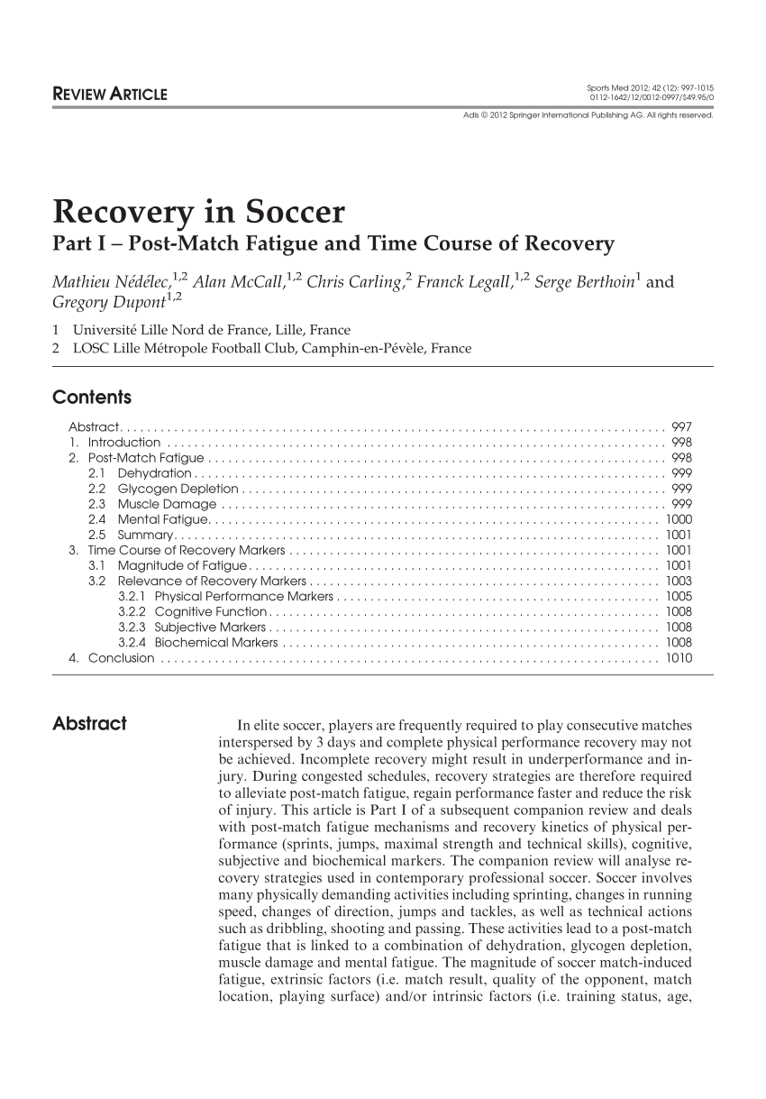 Pdf Recovery In Soccer Part I Post Match Fatigue And Time Course Of Recovery