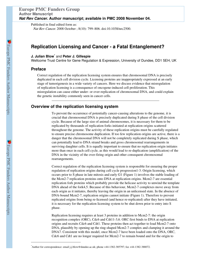 PDF) Replication licensing and cancer—A fatal entanglement?