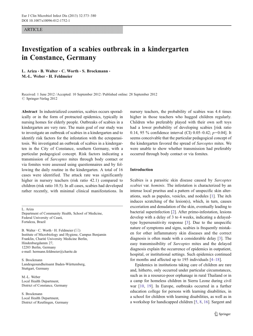 Pdf Investigation Of A Scabies Outbreak In A Kindergarten In