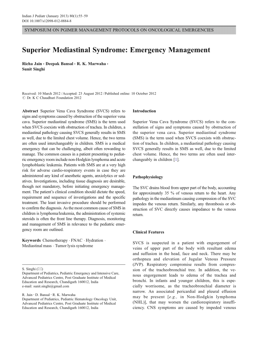 (PDF) Superior Mediastinal Syndrome: Emergency Management