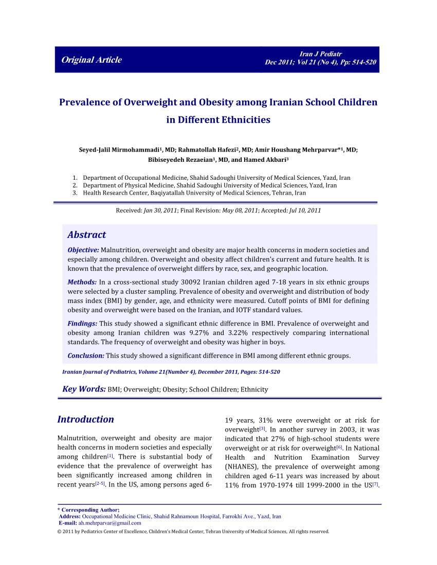 Pdf Prevalence Of Overweight And Obesity Among Iranian School Children In Different Ethnicities